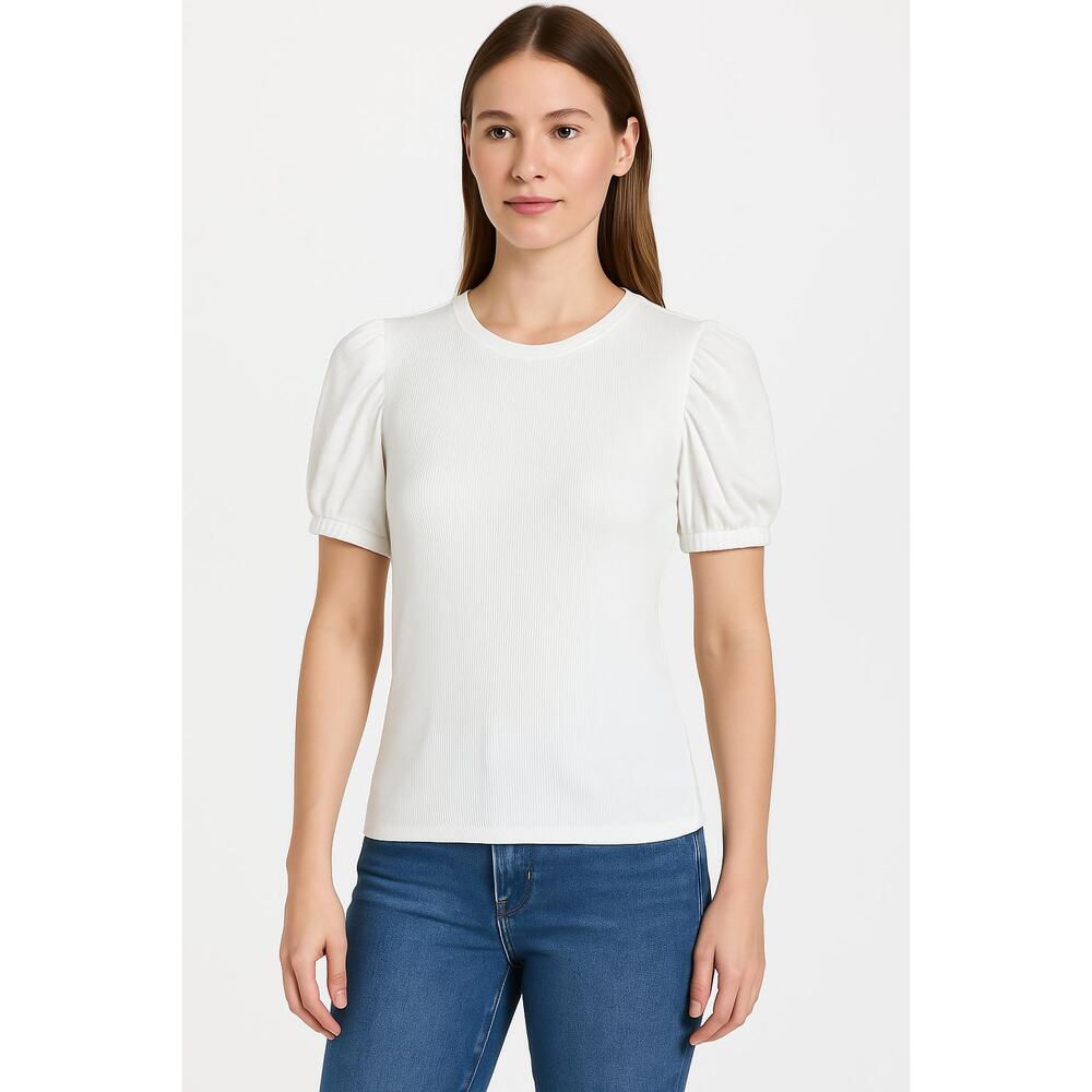 1.STATE Top Womens Extra Small White TShirt Puff Sleeve Crew‎ Neck Short Sleeve